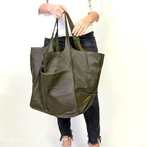 Large Tote Bag, Olive Leather, Oversized Green Leather  Handbag, Large Shoulder Bag, Soft Leather Bag, Designer Handbag, Leather Tote bag