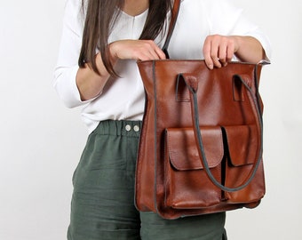Bolso tote de piel marrón coñac, bolso de hombro grande con bolsillos