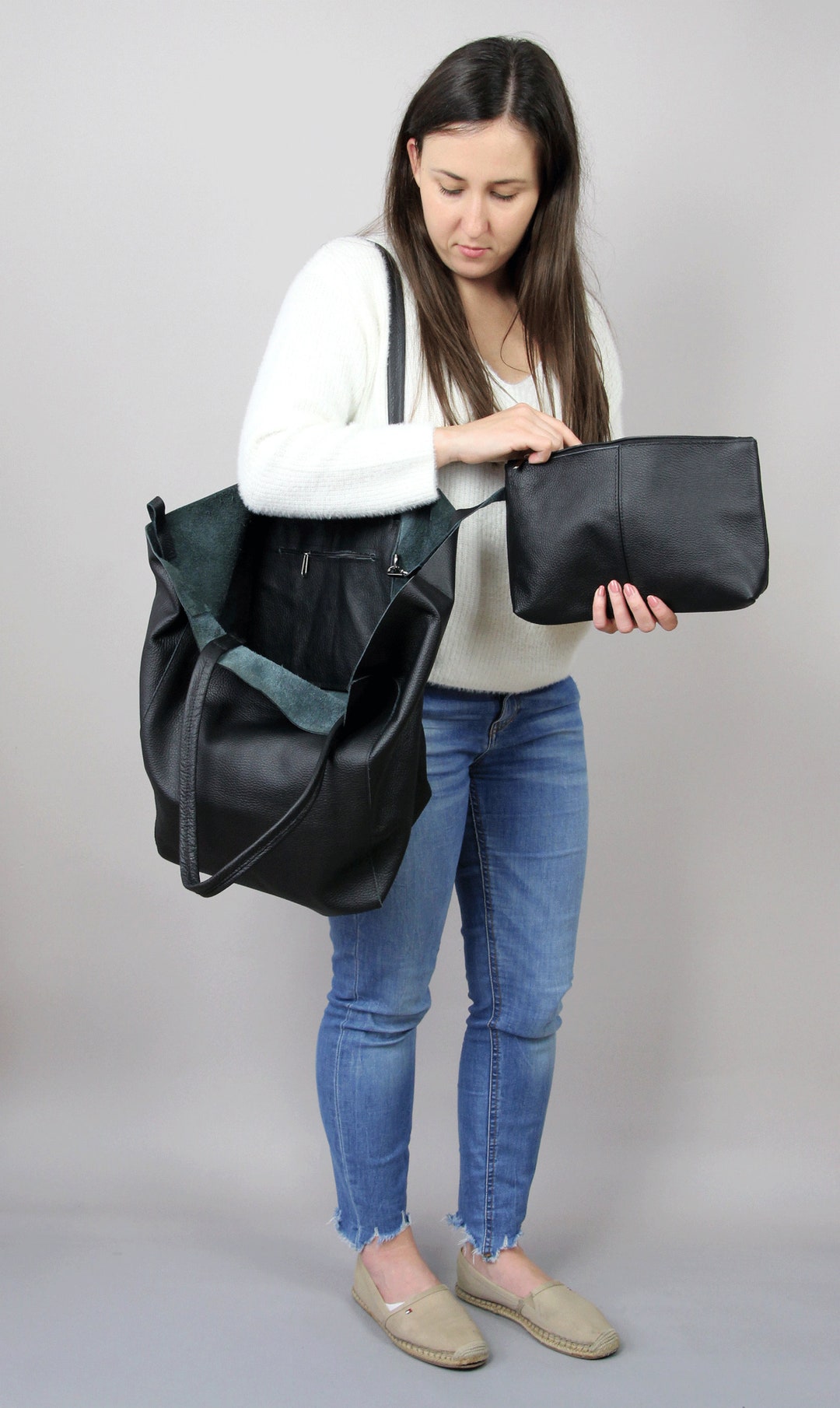 LARGE LEATHER TOTE Shoulder Bag, Black Slouchy Tote, Black Handbag for Women, Soft Leather Bag