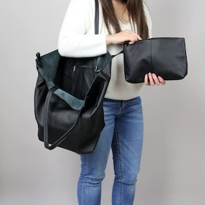 Handmade Oversized Black Leather Tote Bag - Soft Genuine Leather Shoulder Bag with Pouch - Large Everyday Bag for Women