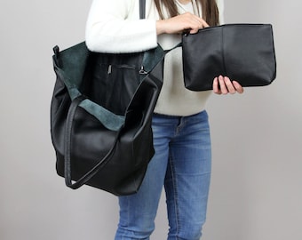 LARGE LEATHER TOTE Shoulder bag,  Black Slouchy Tote, Black Handbag for Women,  Soft Leather Bag, Every Day Bag, Women leather bag