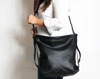 Black Leather Convertible Backpack Purse: Shoulder Bag, Crossbody