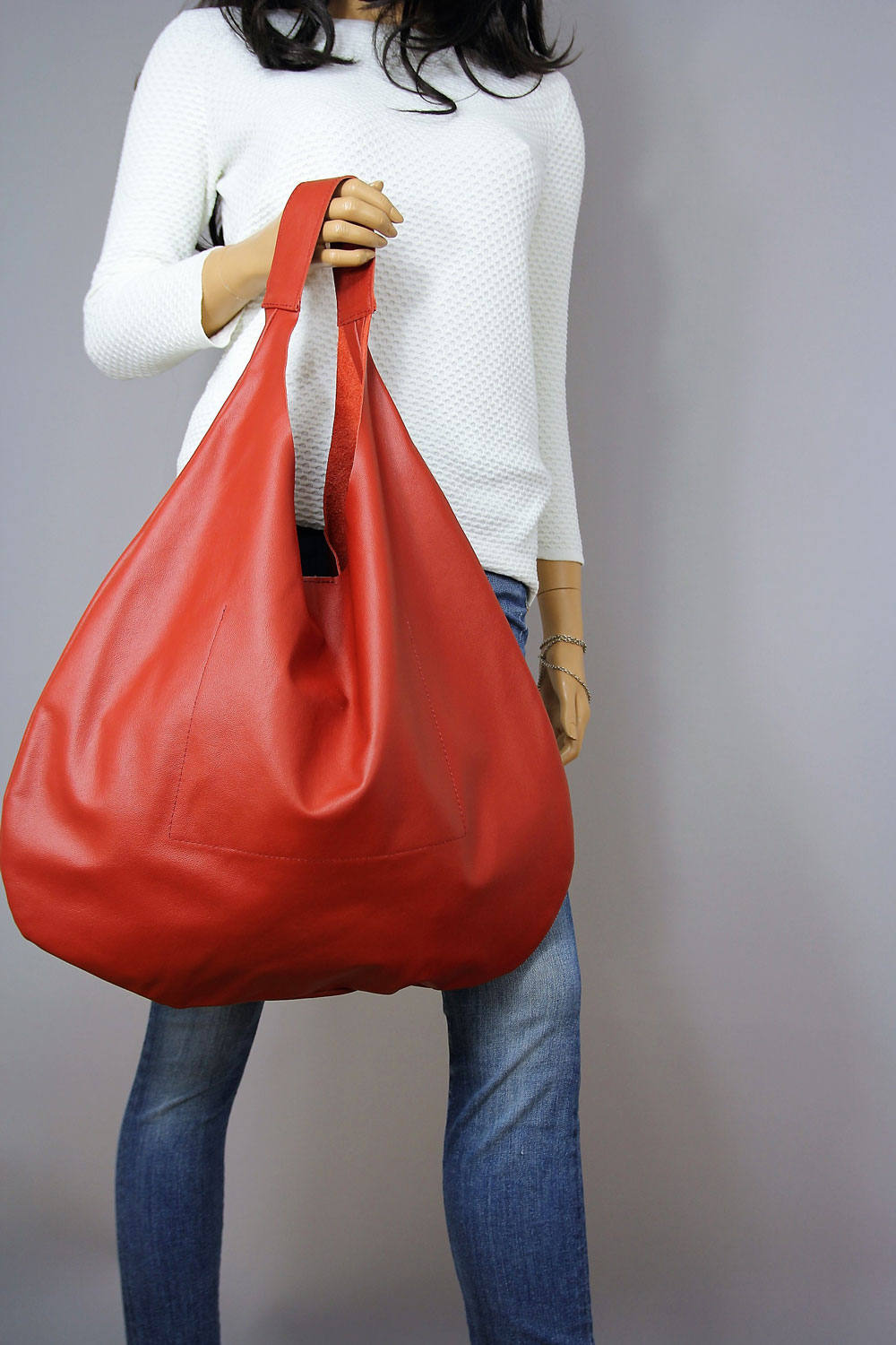 Small Red Leather Hobo Bag - Slouchy Shoulder Purse