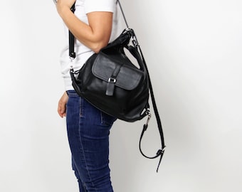 Black LEATHER BACKPACK PURSE Leather Shoulder Bag Black Backpack Black Rucksack Leather Purse Bag Black  Women's handbag Leather bag