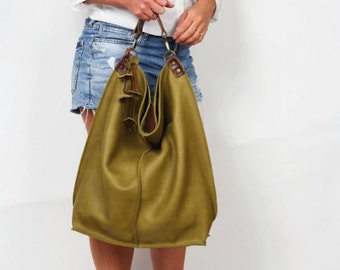 Green Hobo, LARGE LEATHER Bag, Green Shoulder bag,  Hobo bag, Green Slouchy Hobo Handbag, Every Day Bag, Women leather bag - Top zipper bag
