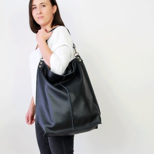 Handmade Leather Hobo Bag | Oversized Black Shoulder Purse | Minimalist Genuine Leather Handbag for Women | Top Zipper Bag