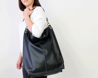 Hobo Tasche, Schwarzer Slouchy Hobo, Schwarze Handtasche, Alltagstasche, SCHWARZE LEATHER Tasche Große Schwarze Umhängetasche, Frauen Ledertasche - Top Reißverschlusstasche