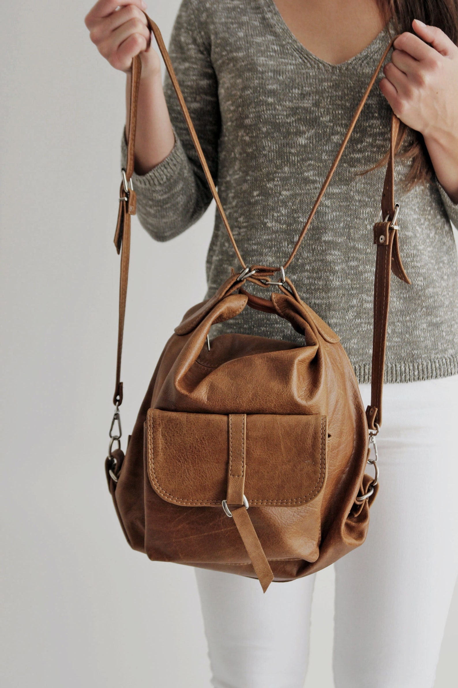 Backpack Purse Leather Shoulder Bag Camel Rucksack Leather Etsy