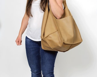 LARGE LEATHER TOTE bag Slouchy Tote Tan Handbag for Women Soft Leather Bag Every Day Bag Women leather bag Weekender Oversized bag