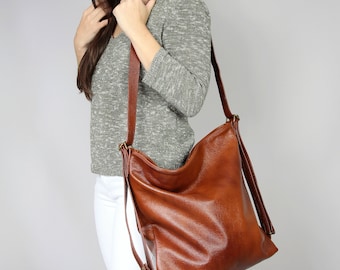 Brown LEATHER CONVERTIBLE BACKPACK Cognac brown Leather purse  Backpack Leather Shoulder Bag Crossbody Bag Women's handbag Leather bag