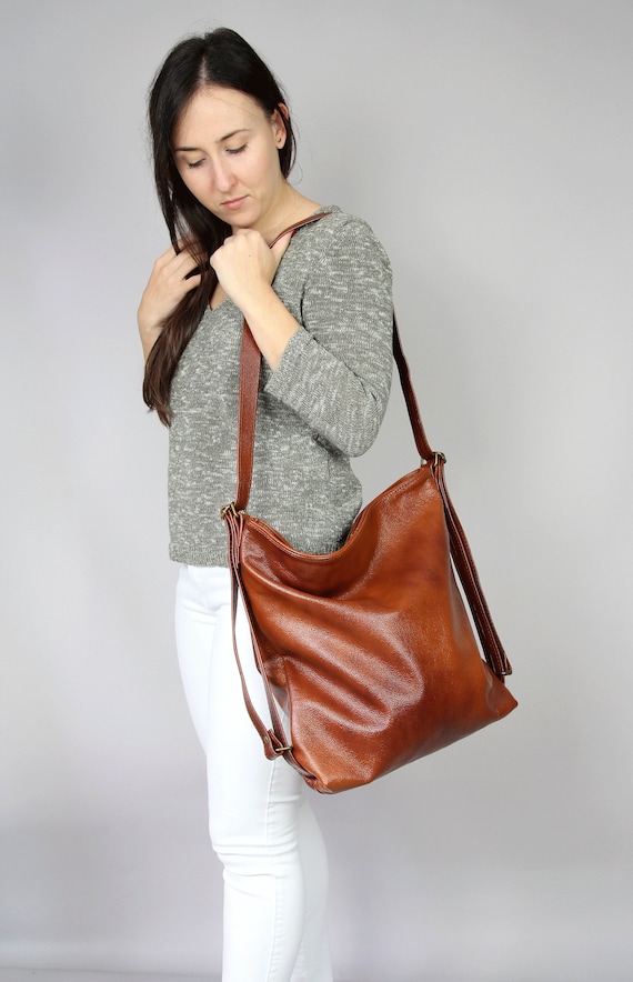 Brown LEATHER CONVERTIBLE BACKPACK Cognac Brown Leather  display picture 3