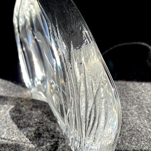 May include: A clear, sculpted glass object with a curved, organic shape. The glass has a textured surface with vertical lines and ridges, catching the light and creating a play of reflections. The object sits on a gray surface.