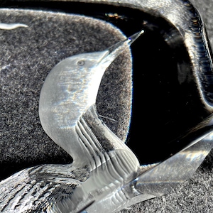 May include: A clear glass sculpture of a bird with a long, pointed beak. The bird's body has detailed feather patterns, and the sculpture is set against a dark background. The glass reflects light, creating highlights and shadows.