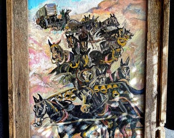 Original Impressionistic Interpretation of “Twenty Mules of Death Valley” Oil on Board, Signed N. Bickenratter (?)