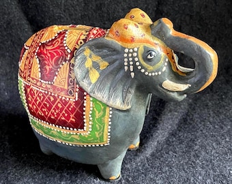 Handpainted Terracotta Elephant Piggy Bank with East Indian Style Decoration