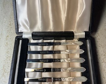 William Adams Sterling Silver and Mother of Pearl Handled Stainless Steel Fruit Cheese Charcuterie Knives Sheffield England in Original Box