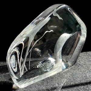 May include: A clear glass sculpture of a bird, possibly a loon, with etched details. The bird has a gray head and black and white body. The sculpture is rectangular with rounded edges and sits on a gray surface.