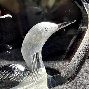May include: A clear glass sculpture of a bird with a long, slender beak and detailed feather etching. The bird's head and neck are prominently displayed, with a textured surface and a curved shape. The sculpture is set against a dark background.