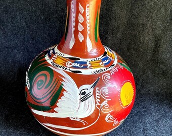 Mexican Folk Art Terra Cotta Water Jug Handcrafted Botellon de Barro