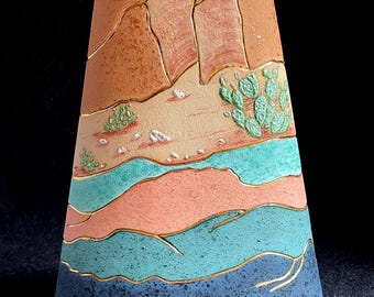 Southwestern Landscape Ceramic Vase by Two J’s Pottery Studio, Signed on Bottom