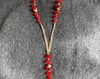 Faceted Scarlet Crystal Bead Lariat Necklace