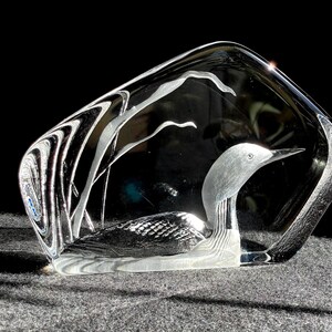 May include: A clear glass sculpture of a loon bird, with etched details and a stylized, abstract design. The bird is depicted with a long neck and beak, set within a clear, rectangular frame. The sculpture is on a gray surface.