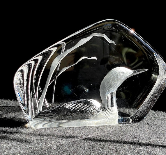 Mats Jonesson ‘Loon’ Reverse Carved Crystal Paperweight Sculpture, Signed & Numbered