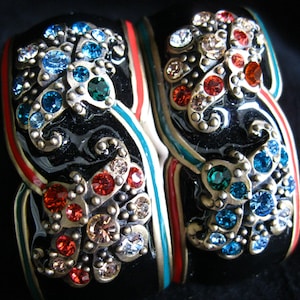 Jay Strongwater Floral Paisley Swarovski Crystal Embellished Black Enamel Napkin Rings