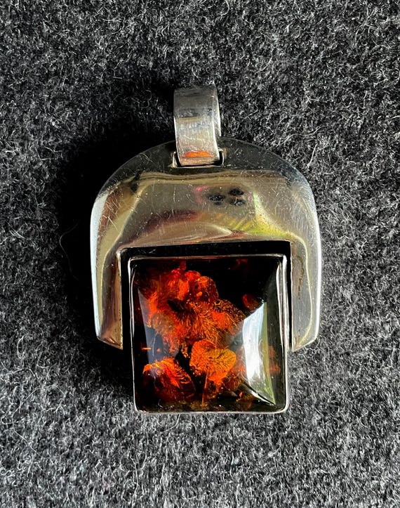 Artisan Sterling Silver Pendant: Modern Faux Amber Cabochon