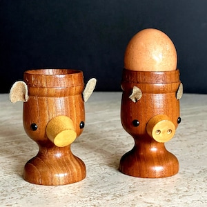 Pair of Charming Wooden Pig & Bear Animal Egg Cups from Enesco Imports