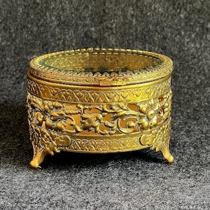 Hollywood Regency Gold Ormolu Metal Floral Filigree Footed Trinket Box