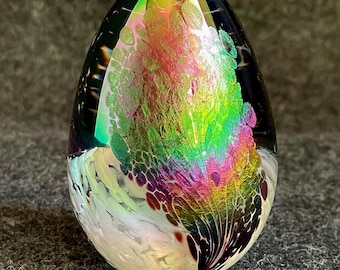 Vintage Iridescent Mount St. Helen Ash Handblown Art Glass Egg Paperweight, Signed “MSH 88”