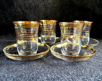 Vintage Paşabahçe Turkish Tea Glasses with Saucers, Set of 4