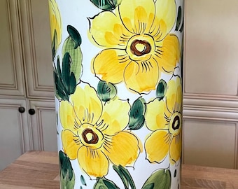 Midcentury Spanish Ceramic Floor Vase Embellished with Handpainted Yellow Flowers