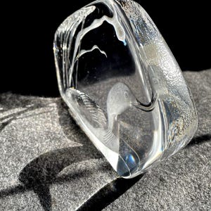 May include: A clear glass sculpture of a duck with etched details. The duck is inside a rectangular block of glass, with a textured surface and a dark background. The sculpture is illuminated, creating shadows.
