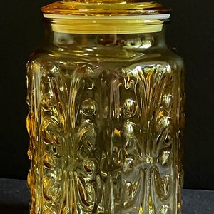 Vintage LE Smith Atterbury Scroll Lidded Glass Cannister in Honey Amber