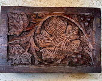 Handcarved Wooden Box Embellished with Leafy Grapevines