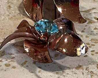 Sterling by Jordan Vermeil Flower Brooch with Cerulean Blue Rhinestone