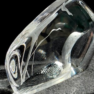 May include: A clear glass sculpture of a bird, possibly a loon, encased in a rectangular block. The bird is detailed with etched lines and black and white accents. The sculpture has a textured, swirling design on one side.