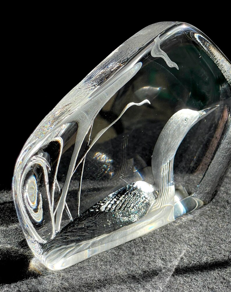 May include: A clear glass sculpture of a bird, possibly a loon, encased in a rectangular block. The bird is detailed with etched lines and black and white accents. The sculpture has a textured, swirling design on one side.