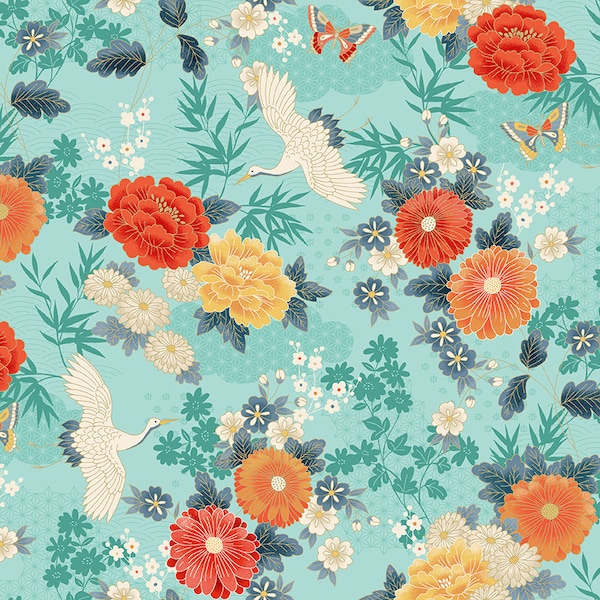 Makower Michiko Fabric  - Large Floral - Turquoise - Last piece