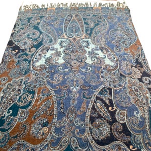 Blue Teal Multicoloured Paisley Boiled Wool Reversible Blanket Bed Throw Wrap 56x78”Inches image 5