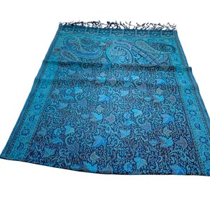 May include: A blue and black paisley patterned scarf with fringed edges.