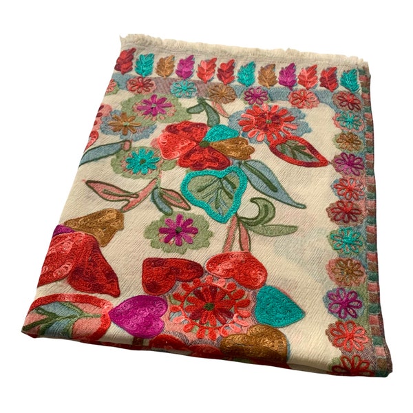 Superbe chaîne crème légère multicolore à fleurs Pashmina brodé à la main Châle Écharpe Étole Châle pour femme 28 x 80 po.