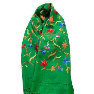 Emerald Hand Embroidered Floral design Wool Pashmina/Scarf/Shawl/Stole/Wrap 28x78 inches”