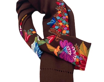 Brown Gorgeous Floral Hamd Embroidered Scarf Shawl Wrap Stole 28x80”inches
