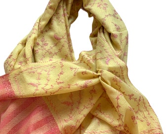 Gorgeous Lemon with Pink Striped Border Pal Kalam Needle Hand Embroidered Shawl Scarf Wrap Stole 28x76 Inches
