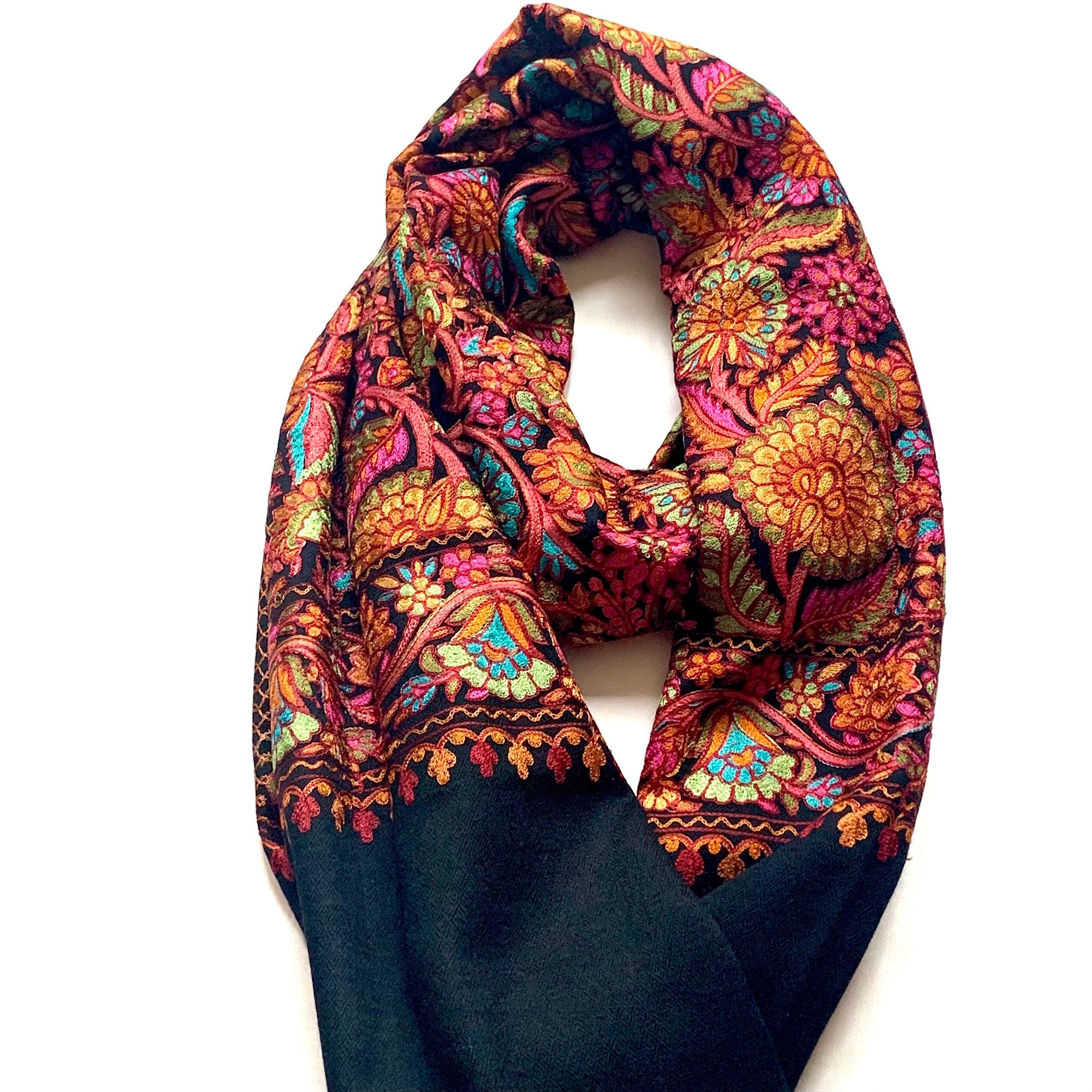 Cashmiri Gorgeous Allover Embroidered Cashmere Scarf Shawl Wrap Stole 28x76 Inches