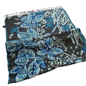 Teal cream Multicoloured Floral Embroidered Thick Merino Wool Scarf Shawl Wrap Stole 28x76”Inches