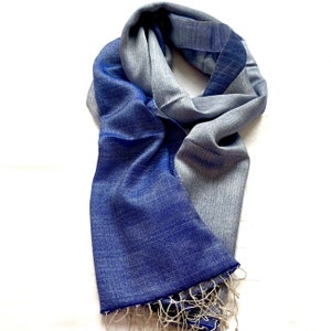 Reversible Blue Shawl Cream Silk Wool Scarf Wrap Stole 28x80 Inches